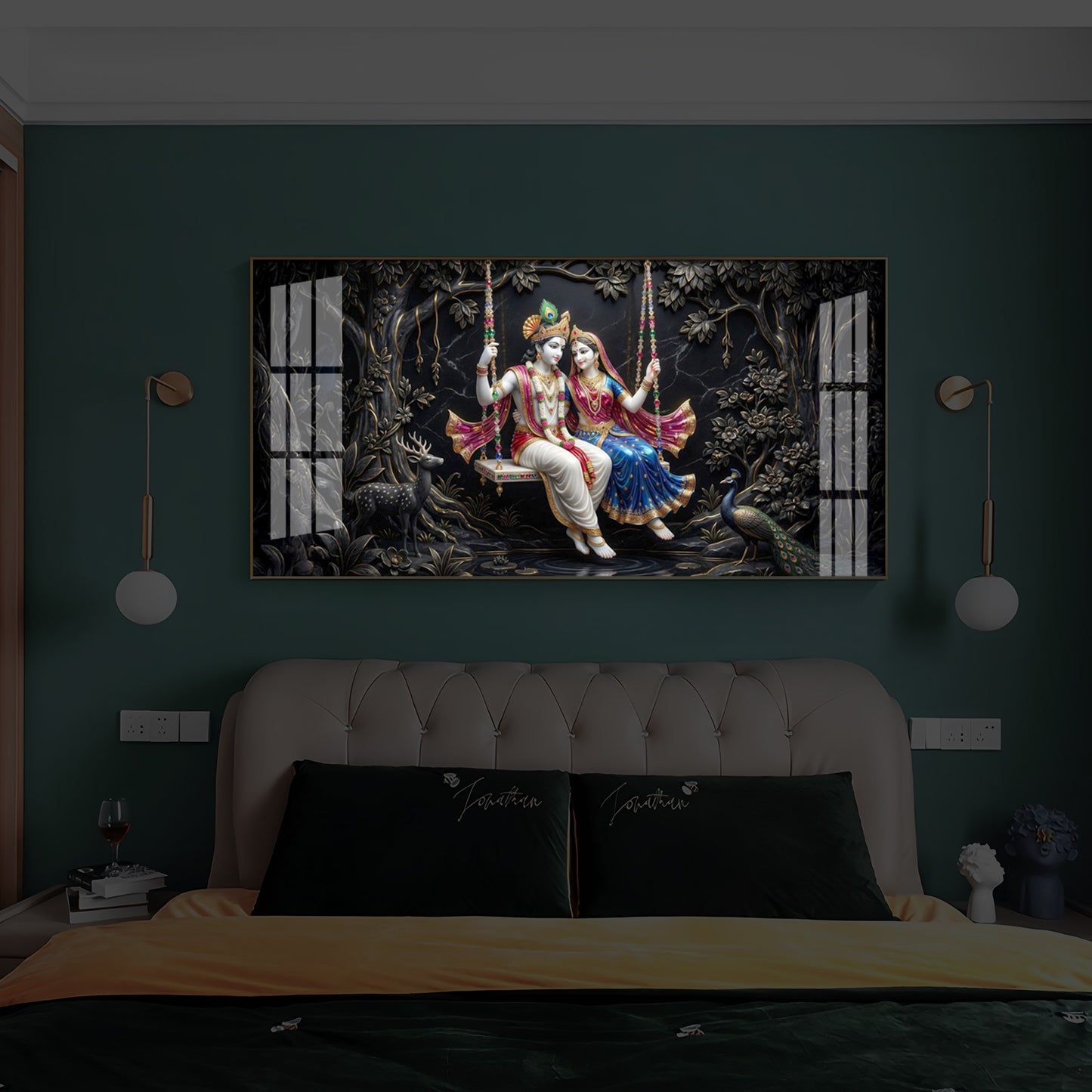 Radha Krishna Swing Modern Luxury Backlight Horizontal Wall Art