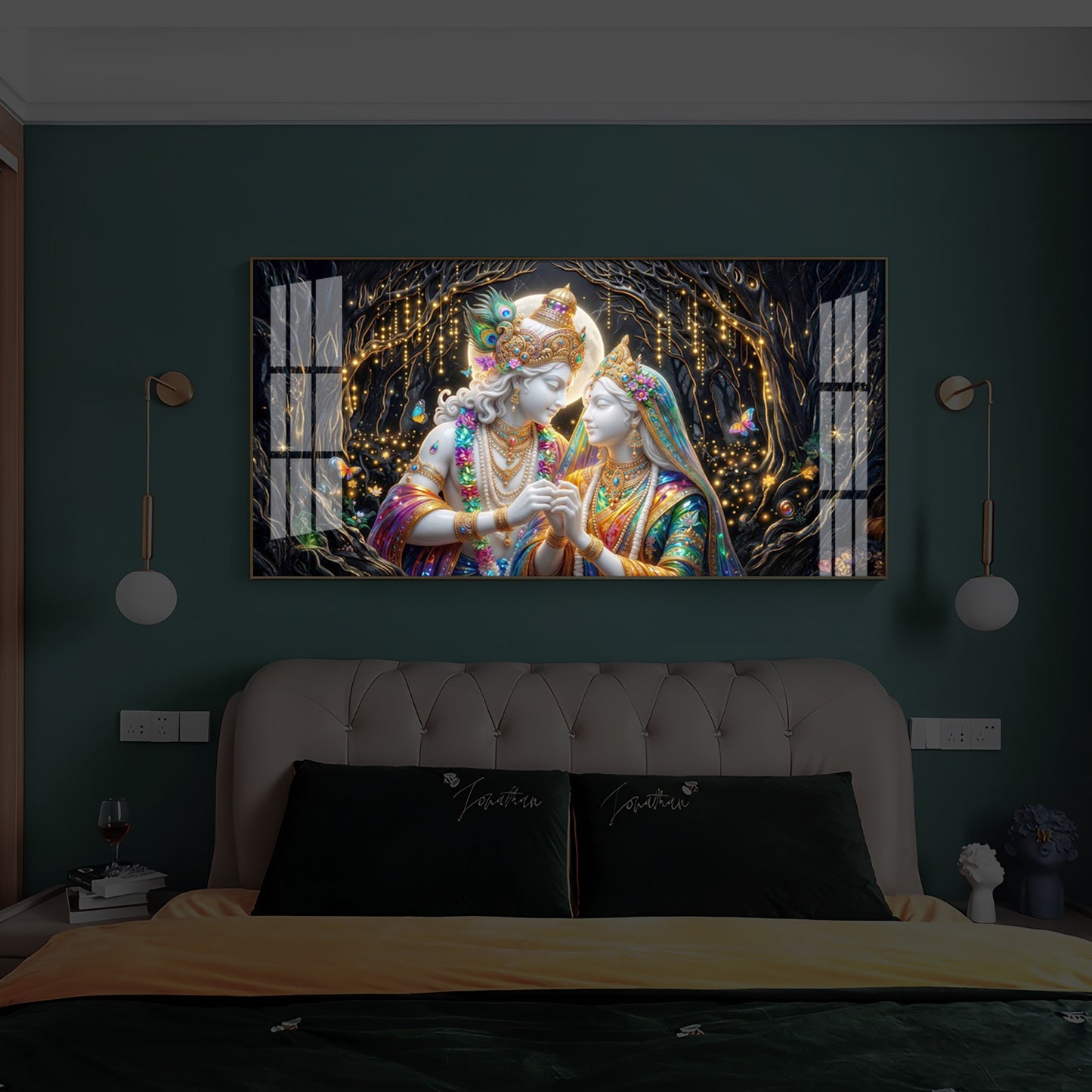 Spiritual Moonlight Radha Krishna Modern Luxury Backlight Horizontal Wall Art