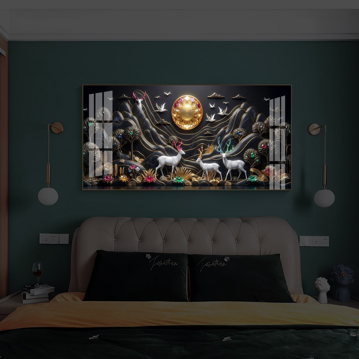 White Deer With Family Modern Luxury Backlight Horizontal Wall Art