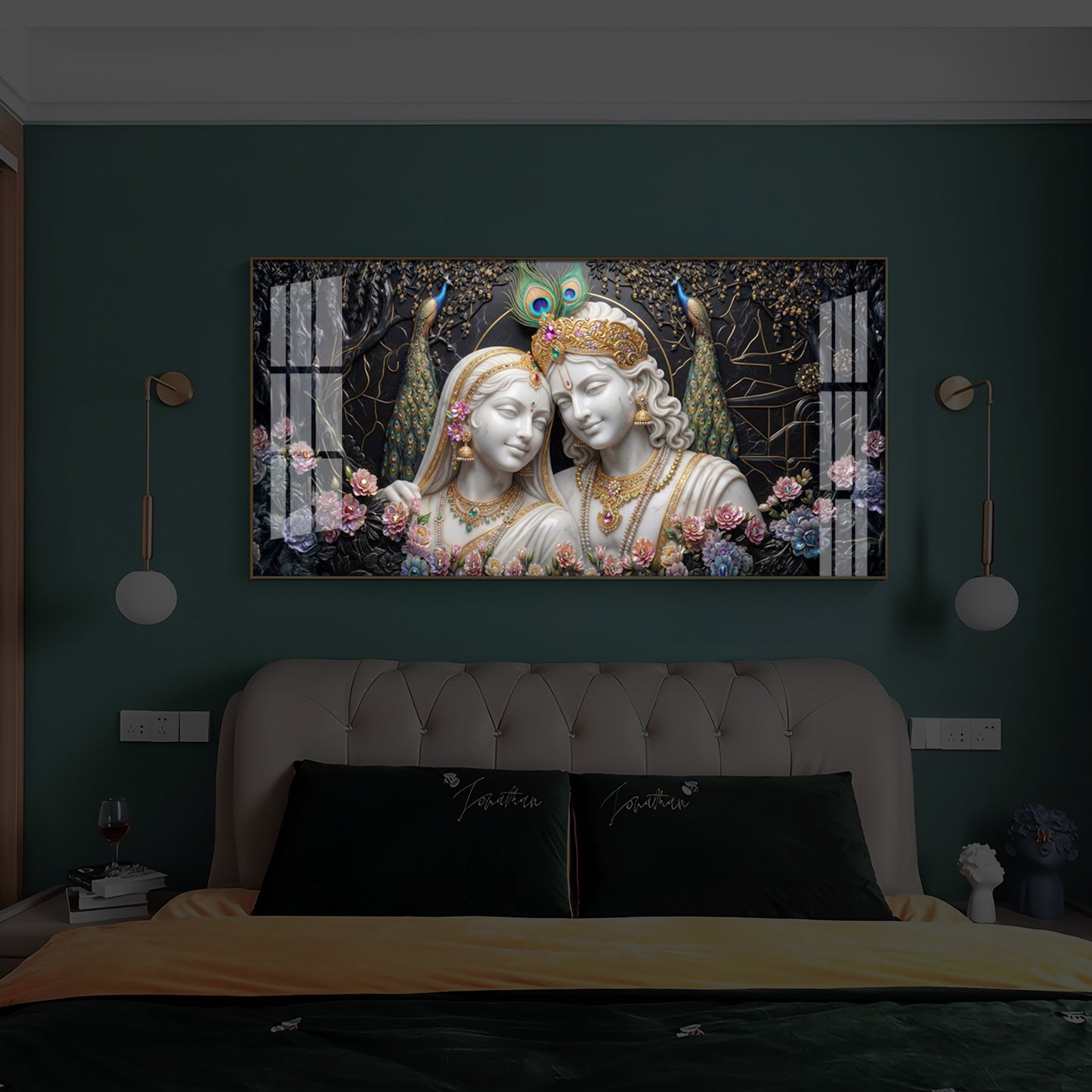Beautiful Radha Krishna Modern Luxury Backlight Horizontal Wall Art