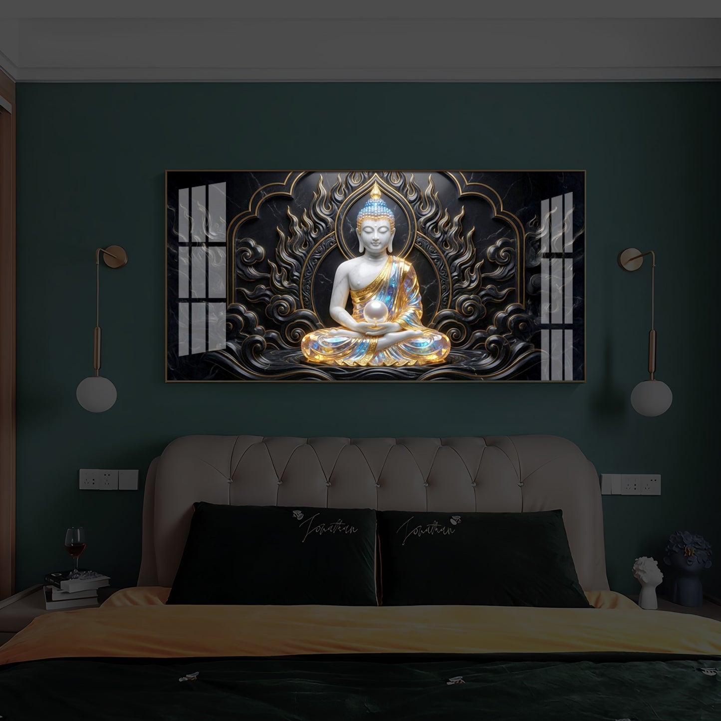 Meditating Buddha Modern Luxury Backlight Horizontal Wall Art