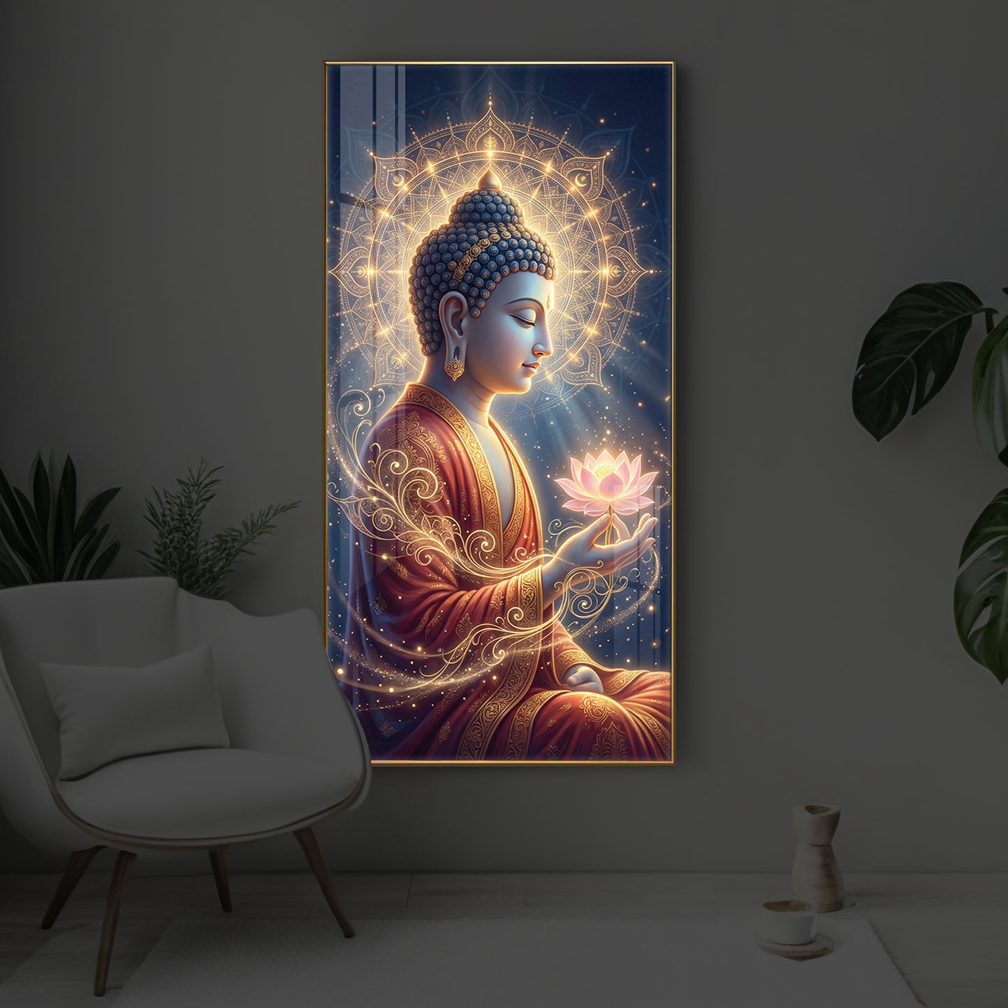 Depiction Of Buddha Modern Luxury Backlight Vertical Wall Art