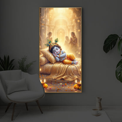 Sleeping Little Krishna Ji Modern Luxury Backlight Vertical Wall Art