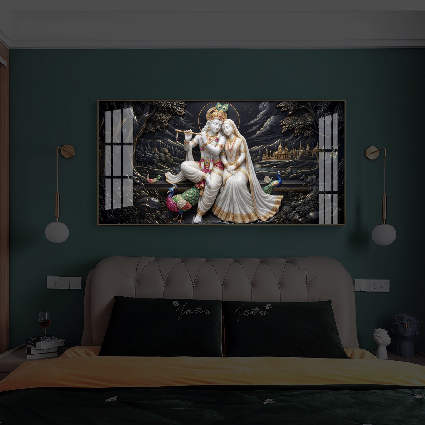Divine Harmony Radha Krishna Modern Luxury Backlight Horizontal Wall Art