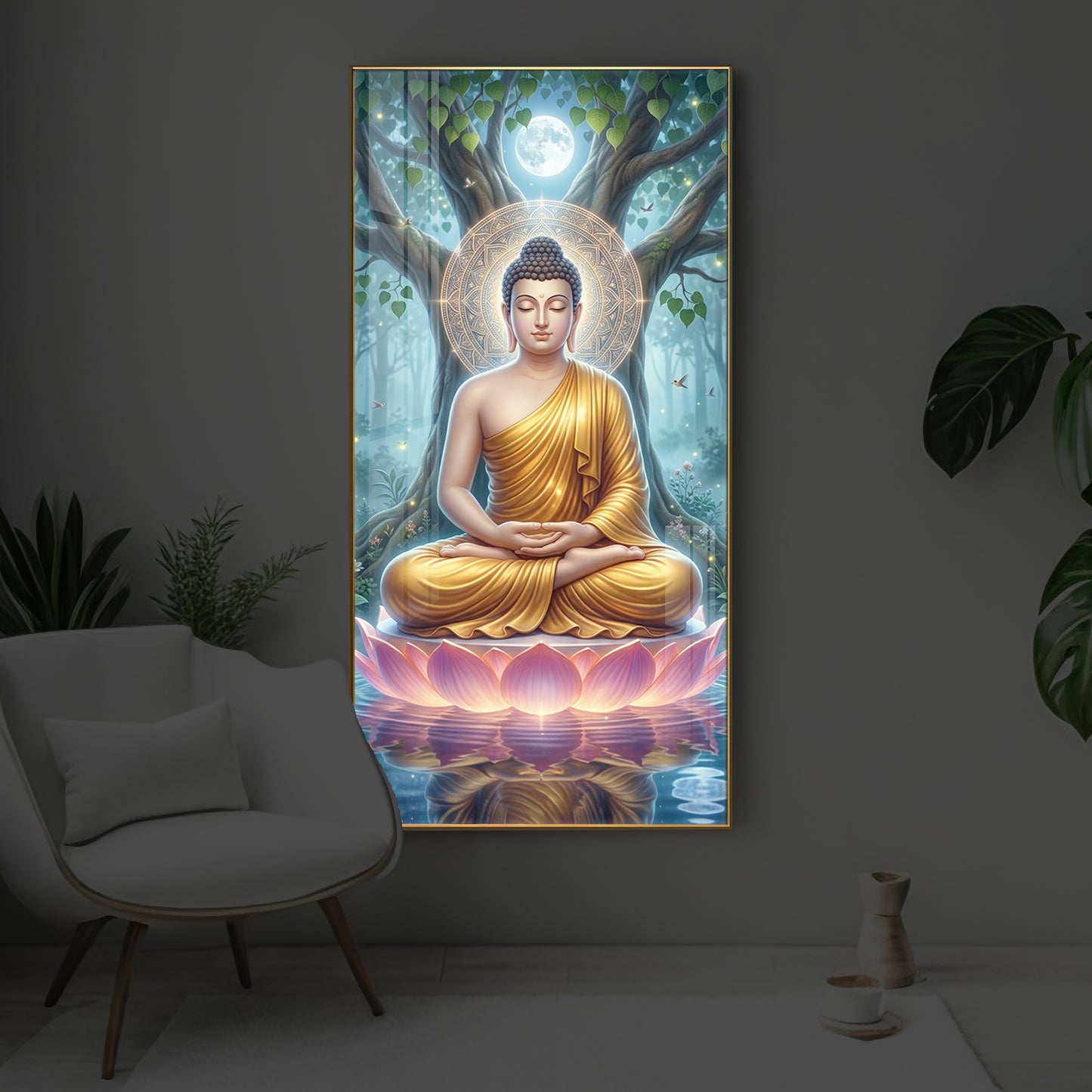 Meditation Buddha Modern Luxury Backlight Vertical Wall Art