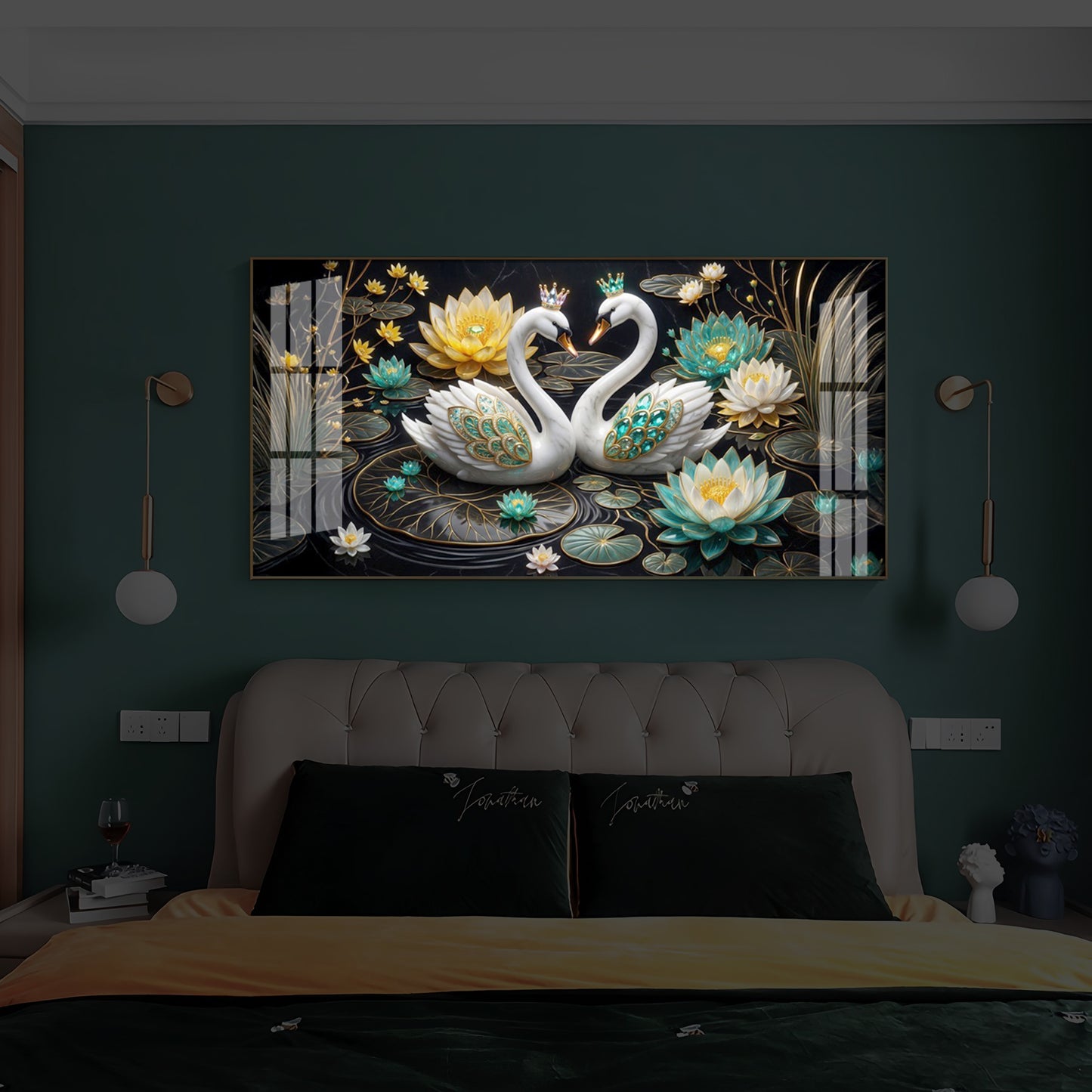 Pair Of White Swans Modern Luxury Backlight Horizontal Wall Art