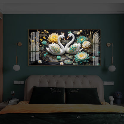 Pair Of White Swans Modern Luxury Backlight Horizontal Wall Art