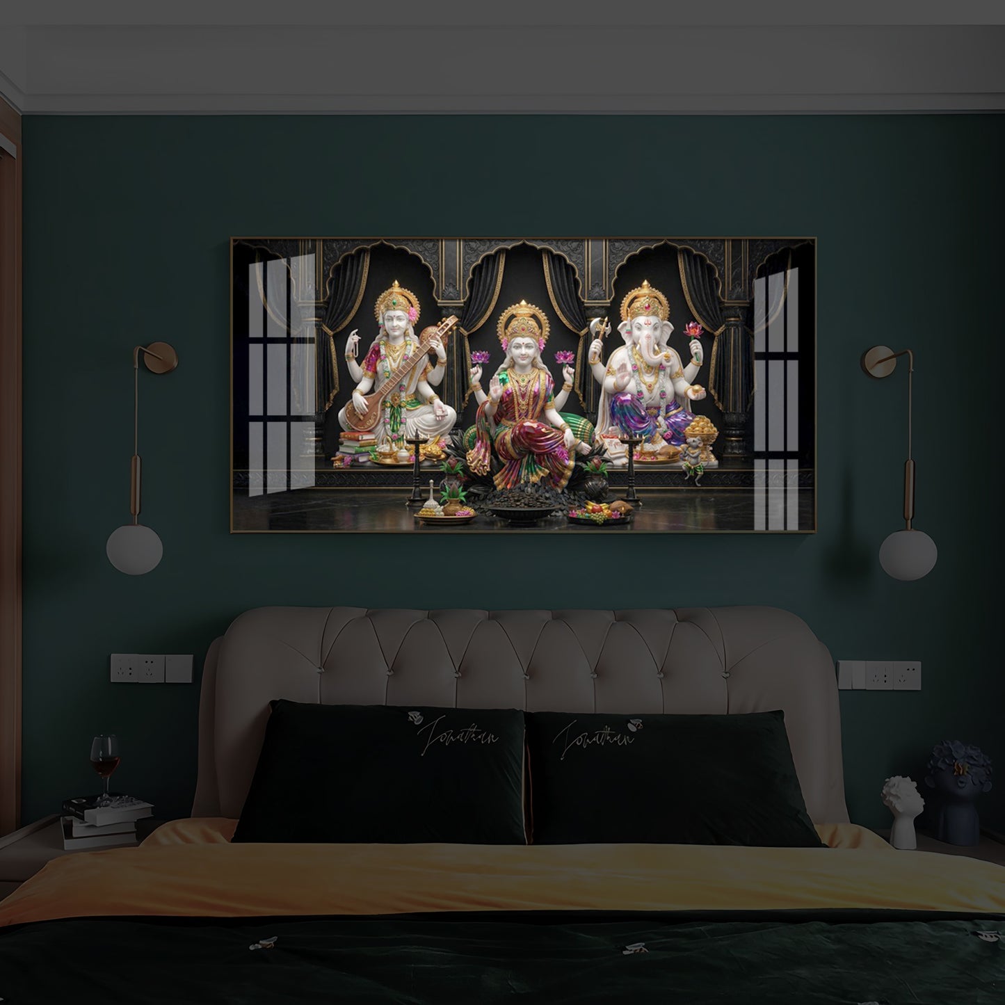 Saraswati,Lakshmi, & Lord Ganesha Modern Luxury Backlight Horizontal Wall Art