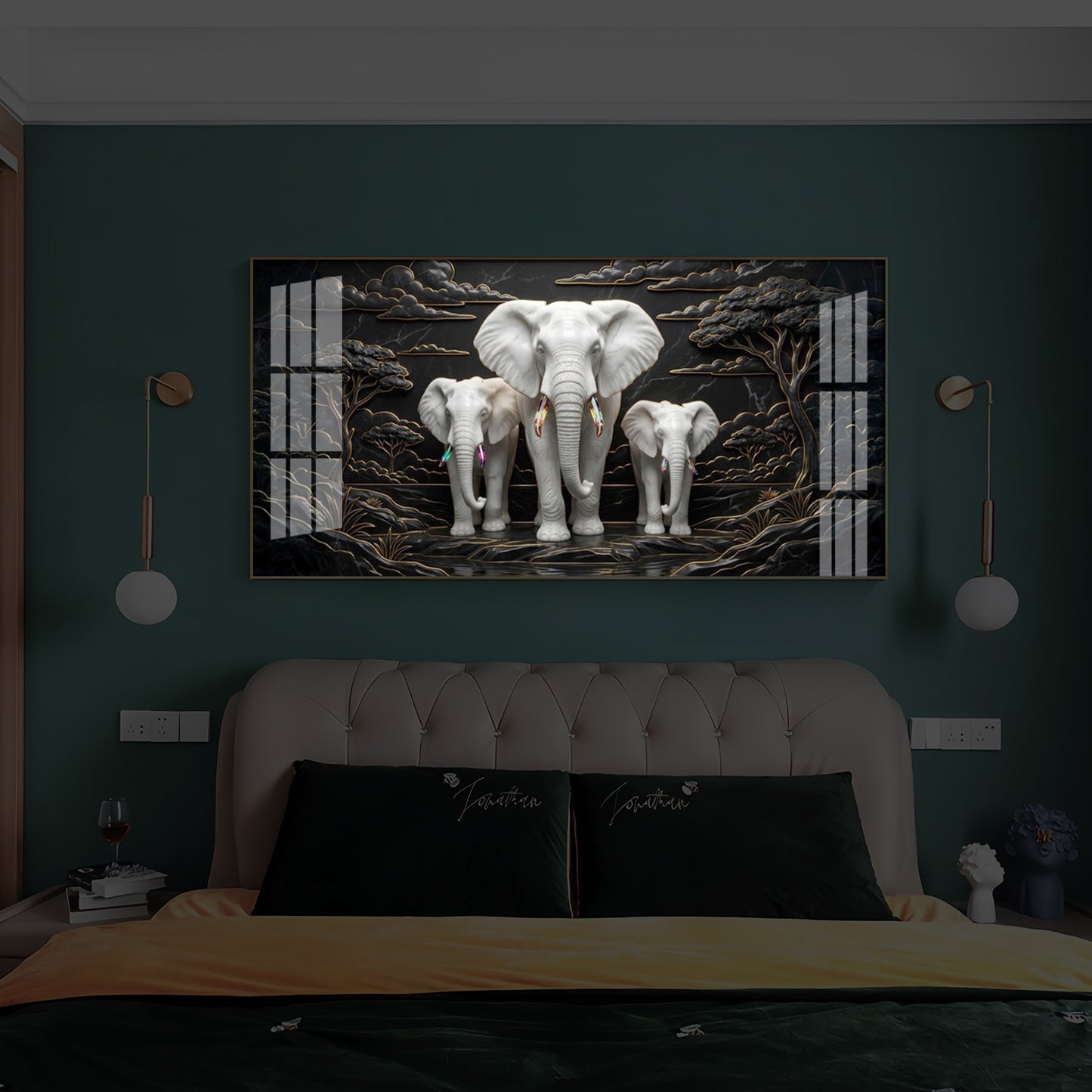 White Elephant Family Modern Luxury Backlight Horizontal Wall Art