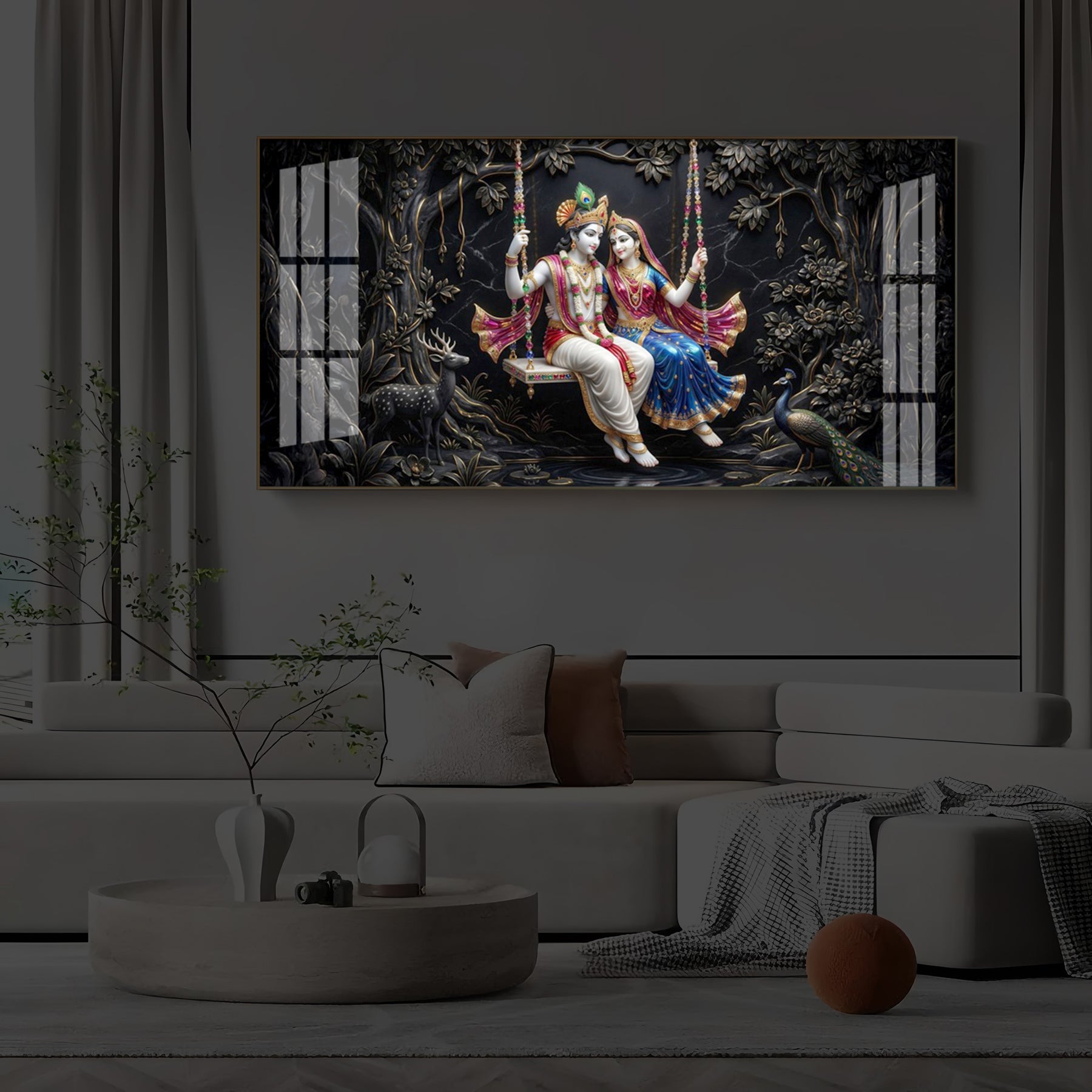 Radha Krishna Swing Modern Luxury Backlight Horizontal Wall Art