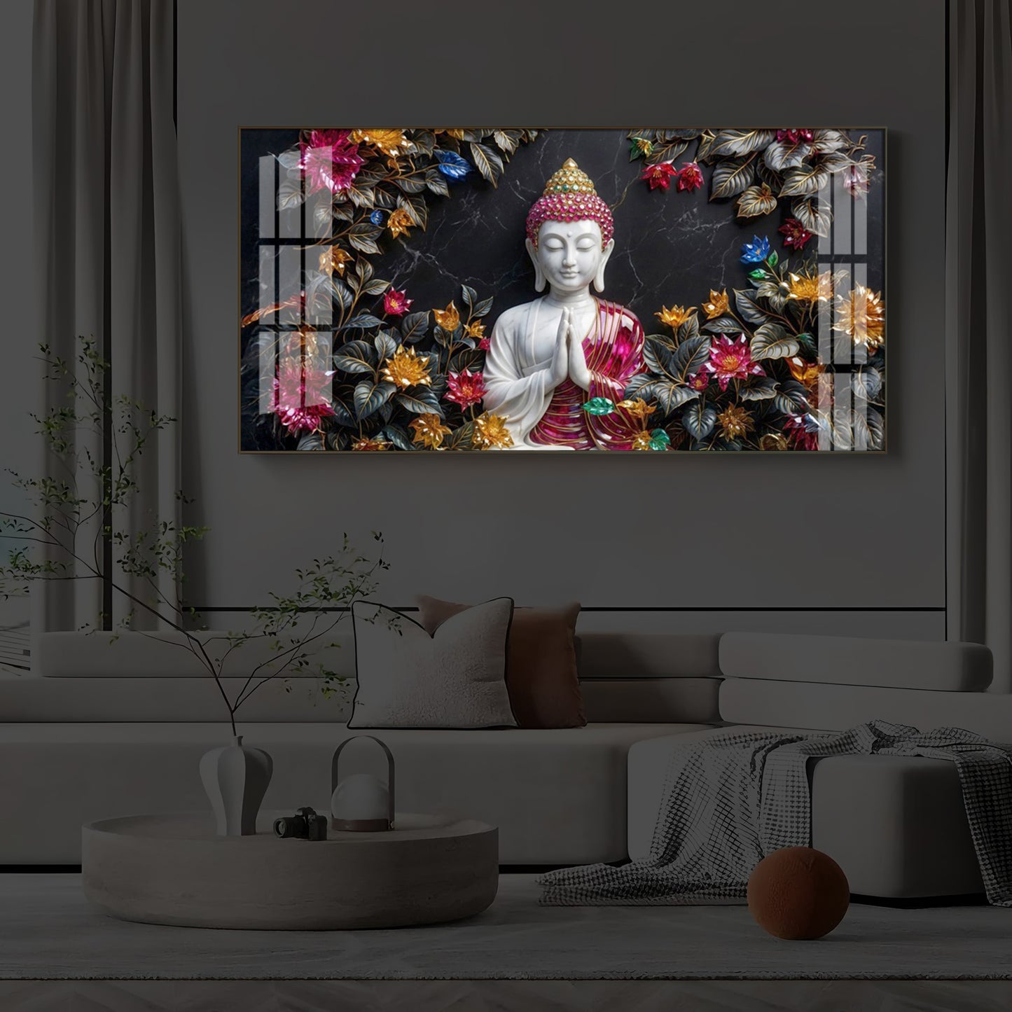 White Buddha With Pink Lotus Modern Luxury Backlight Horizontal Wall Art