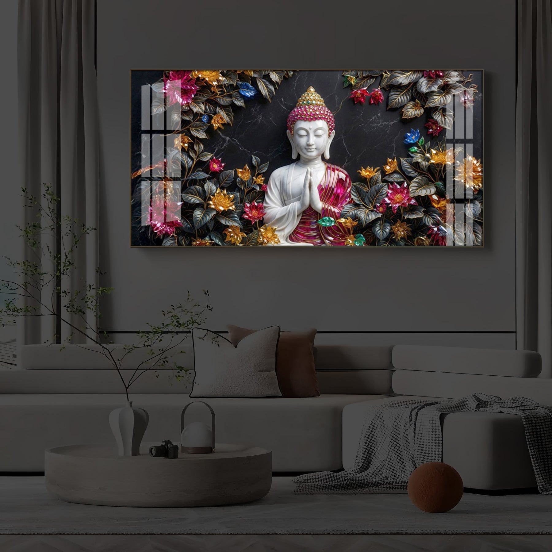 White Buddha With Pink Lotus Modern Luxury Backlight Horizontal Wall Art