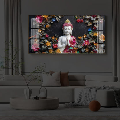 White Buddha With Pink Lotus Modern Luxury Backlight Horizontal Wall Art
