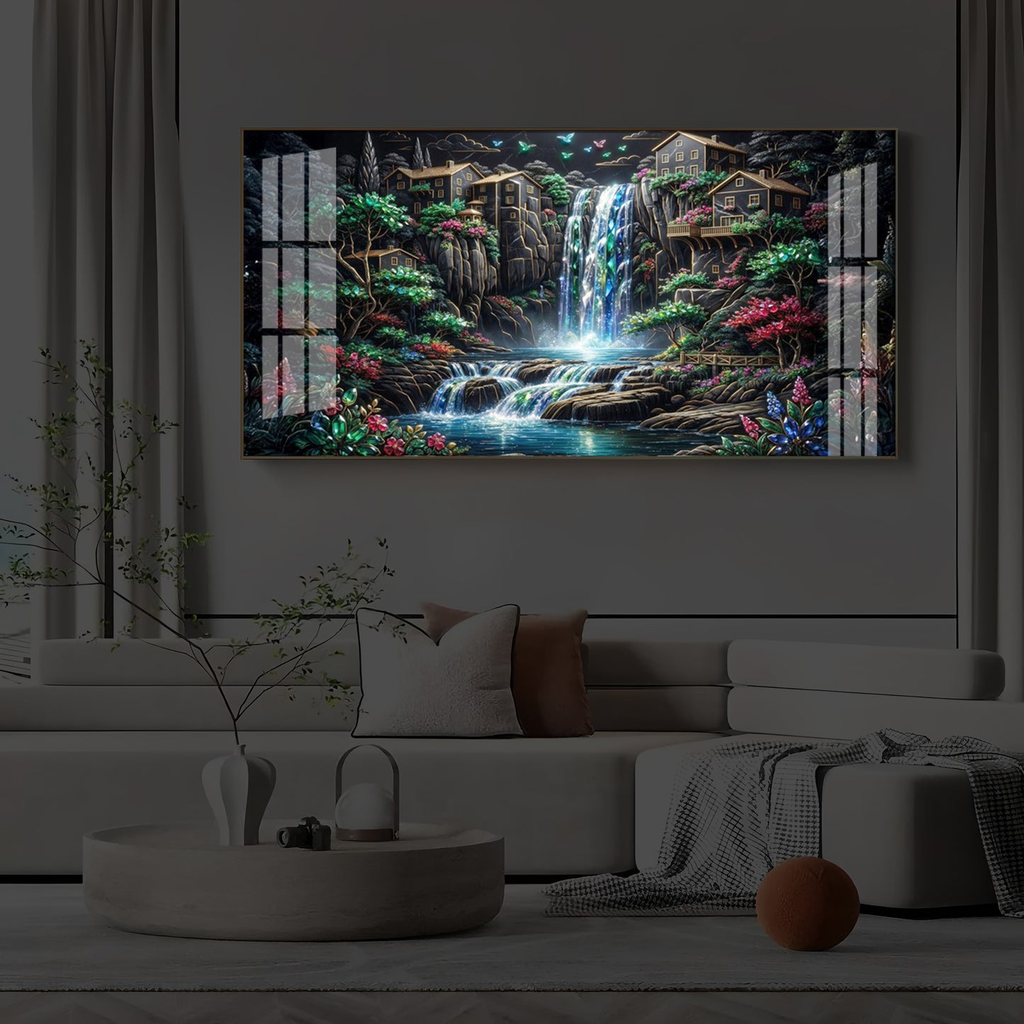 Lush Mountain Waterfall Modern Luxury Backlight Horizontal Wall Art
