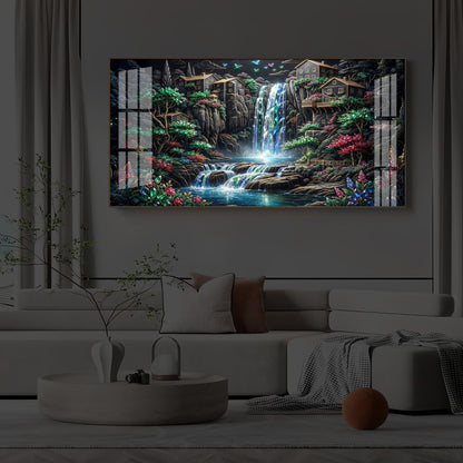 Lush Mountain Waterfall Modern Luxury Backlight Horizontal Wall Art