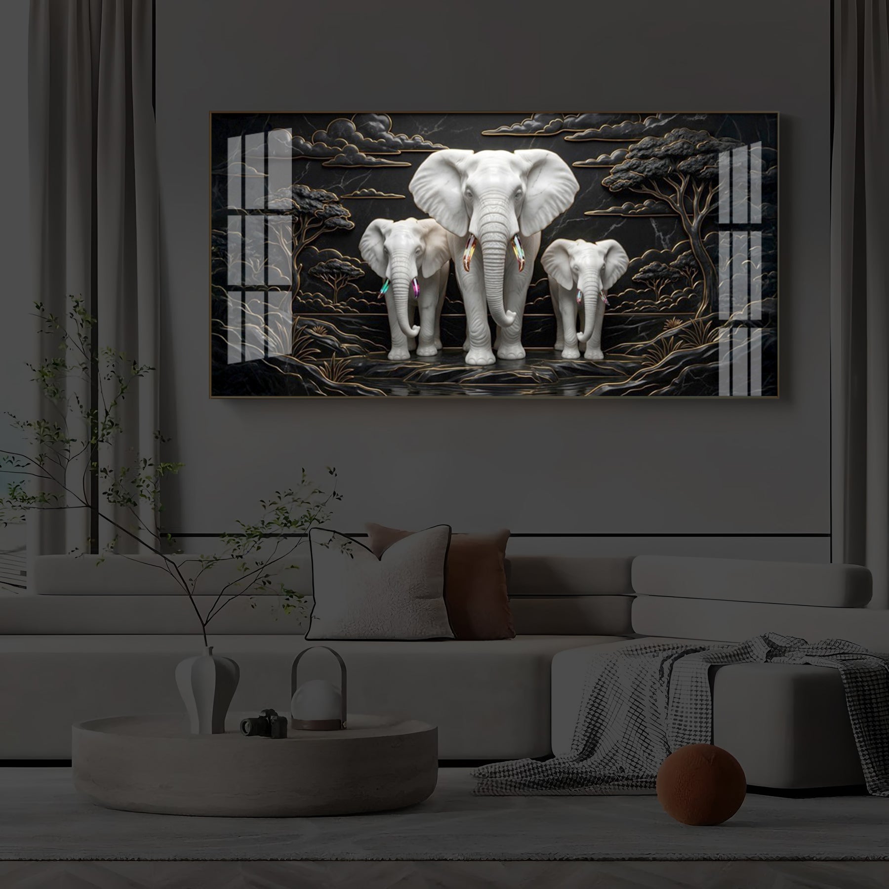 White Elephant Family Modern Luxury Backlight Horizontal Wall Art