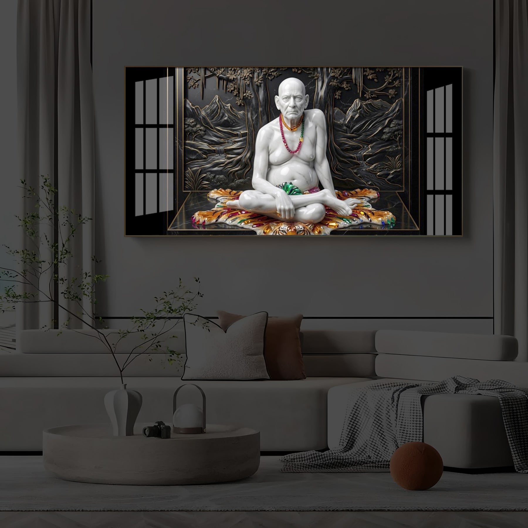 White Marble Swami Samarth Modern Luxury Backlight Horizontal Wall Art