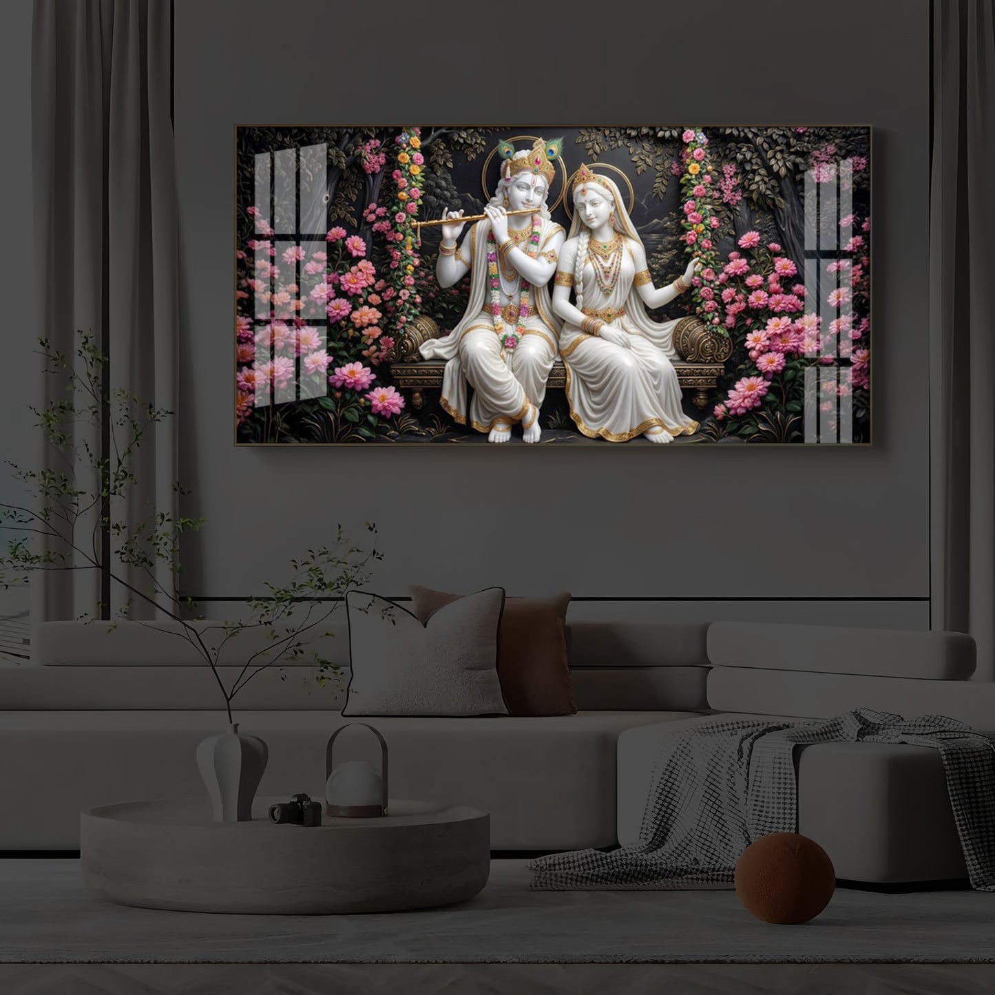 Radha Krishna With Flower Modern Luxury Backlight Horizontal Wall Art
