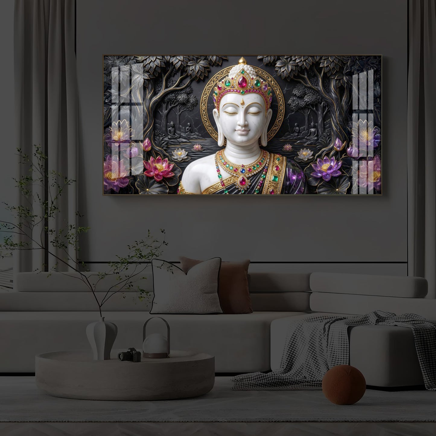 Lotus Serenity Lord Buddha Modern Luxury Backlight Horizontal Wall Art