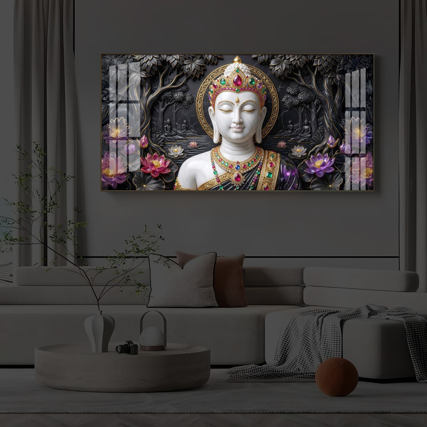 Lotus Serenity Lord Buddha Modern Luxury Backlight Horizontal Wall Art