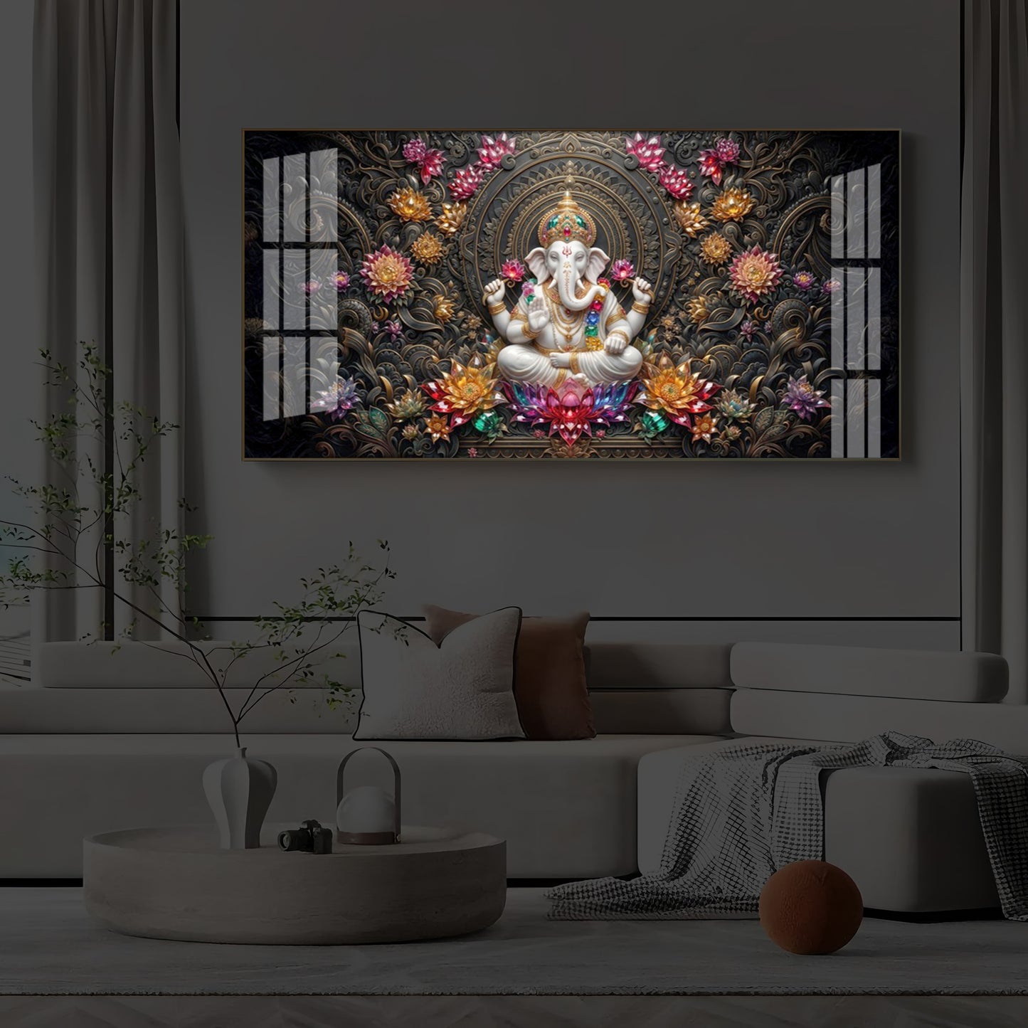 Lord Ganesha Blooming Lotuses Modern Luxury Backlight Horizontal Wall Art