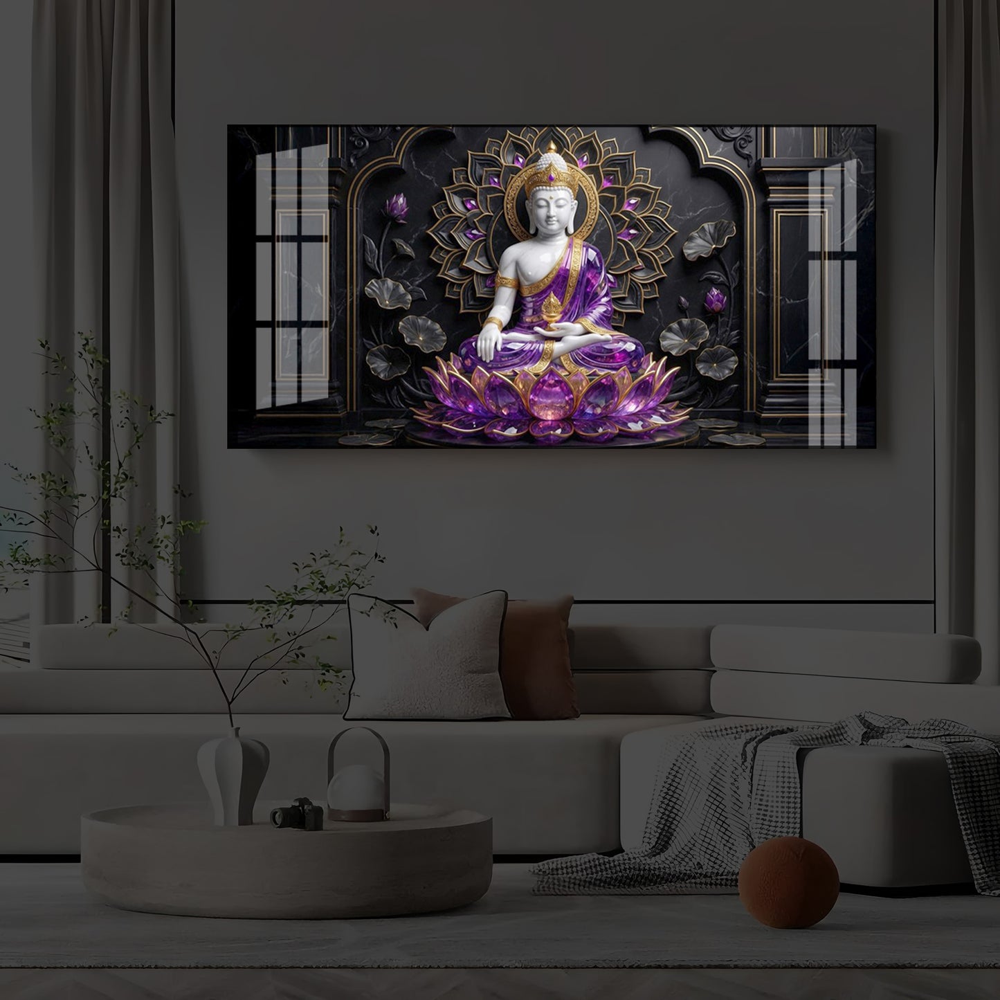 Buddha In Purple Robes Modern Luxury Backlight Horizontal Wall Art