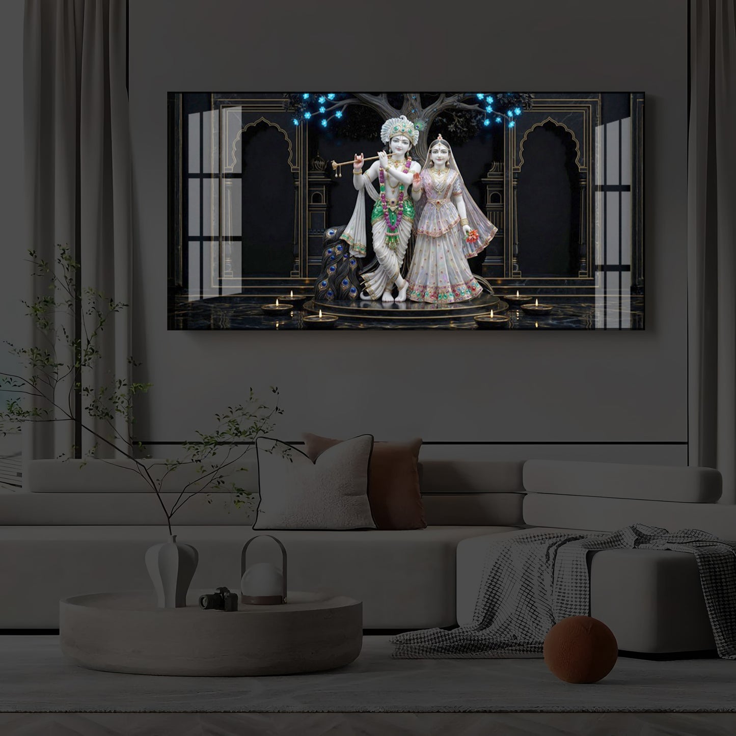 Radha Krishna With Flute Modern Luxury Backlight Horizontal Wall Art