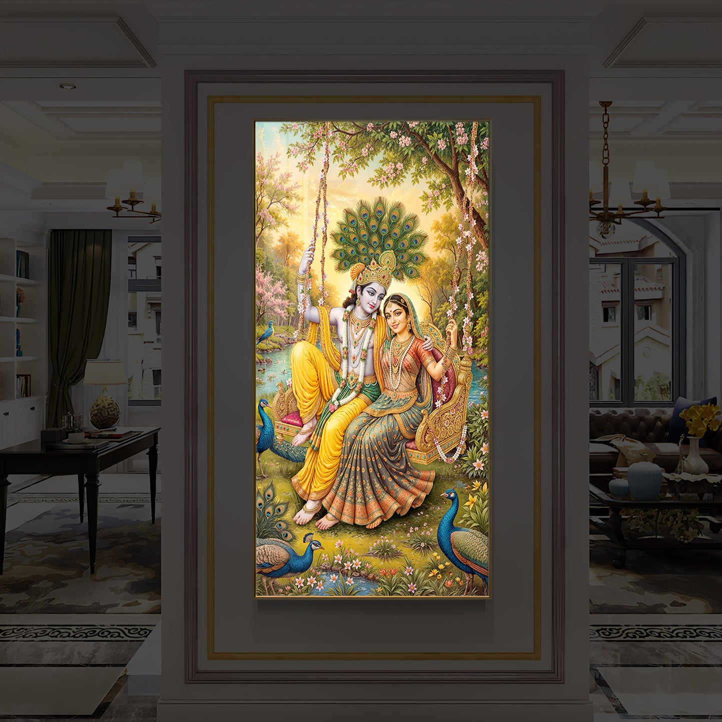 Jai Shri Radha Krishna Modern Luxury Backlight Vertical Wall Art
