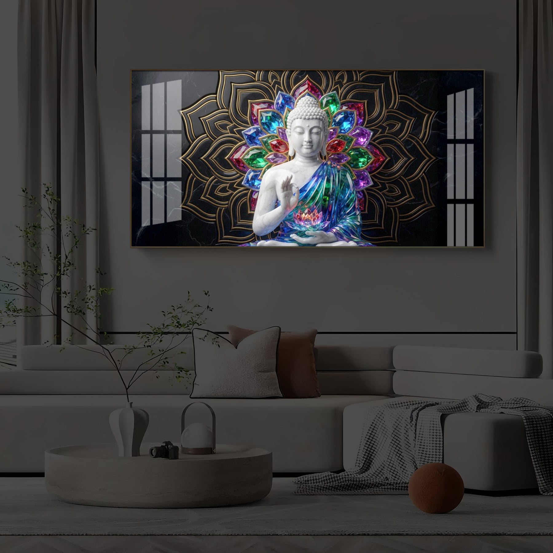 Meditating Buddha Modern Luxury Backlight Horizontal Wall Art