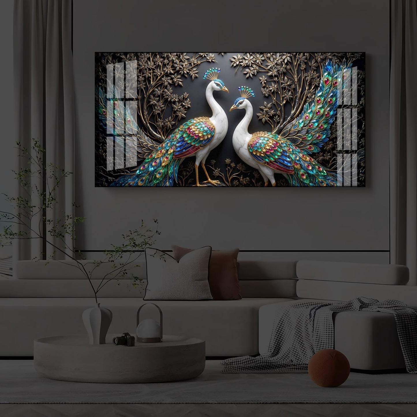 Serene Peacock Modern Luxury Backlight Horizontal Wall Art
