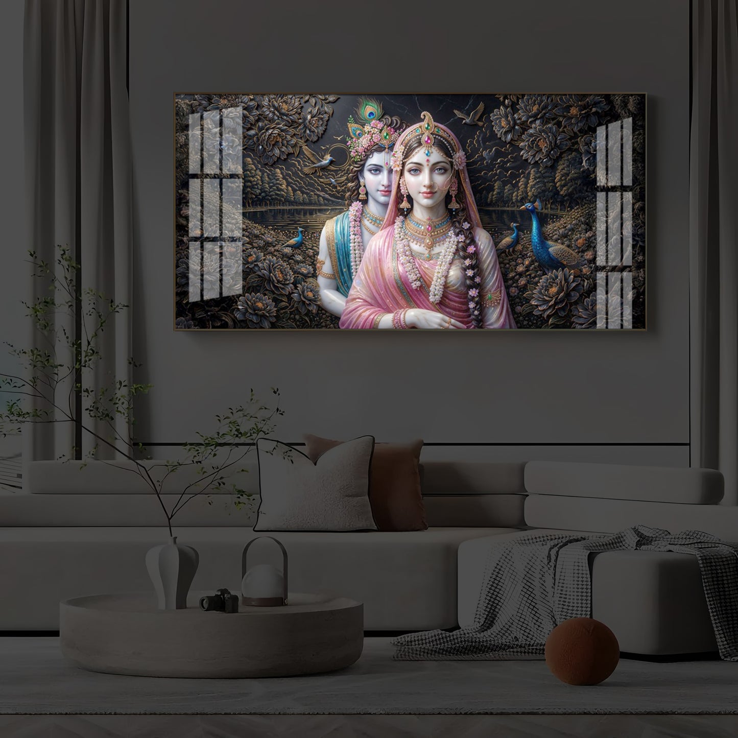 Blissful Radha Krishna Modern Luxury Backlight Horizontal Wall Art