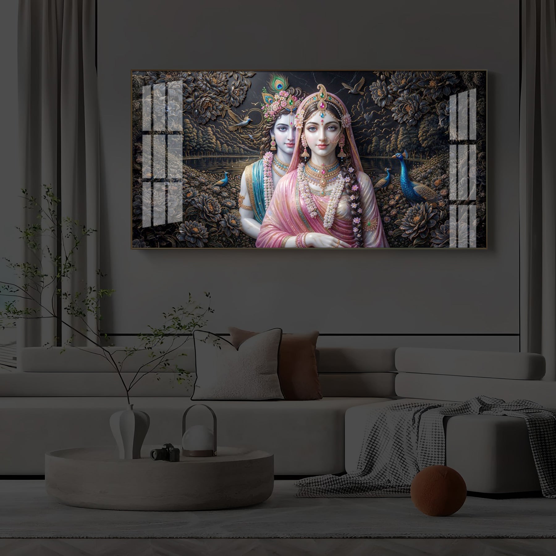 Blissful Radha Krishna Modern Luxury Backlight Horizontal Wall Art