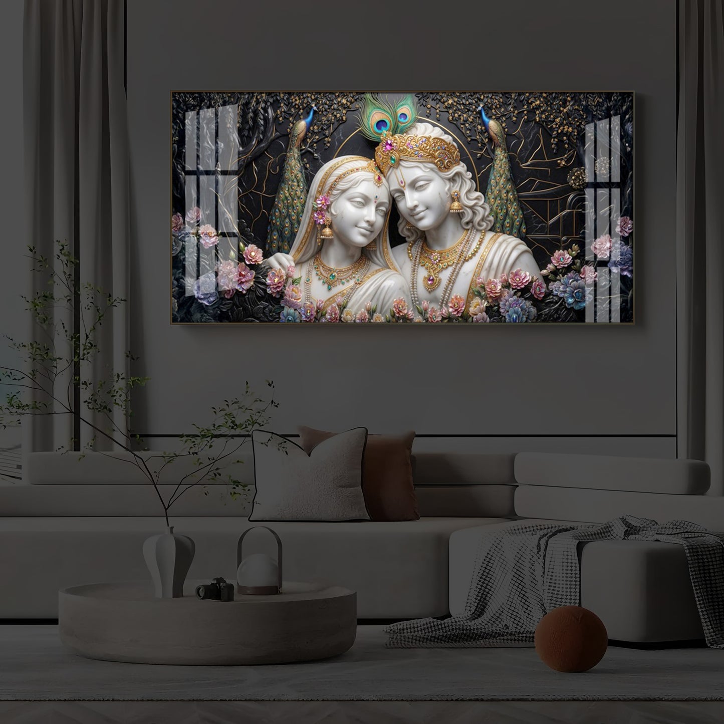 Beautiful Radha Krishna Modern Luxury Backlight Horizontal Wall Art