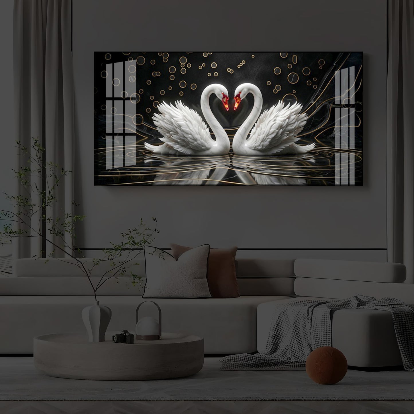 Two White Swans Forming A Heart Modern Luxury Backlight Horizontal Wall Art
