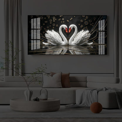 Two White Swans Forming A Heart Modern Luxury Backlight Horizontal Wall Art