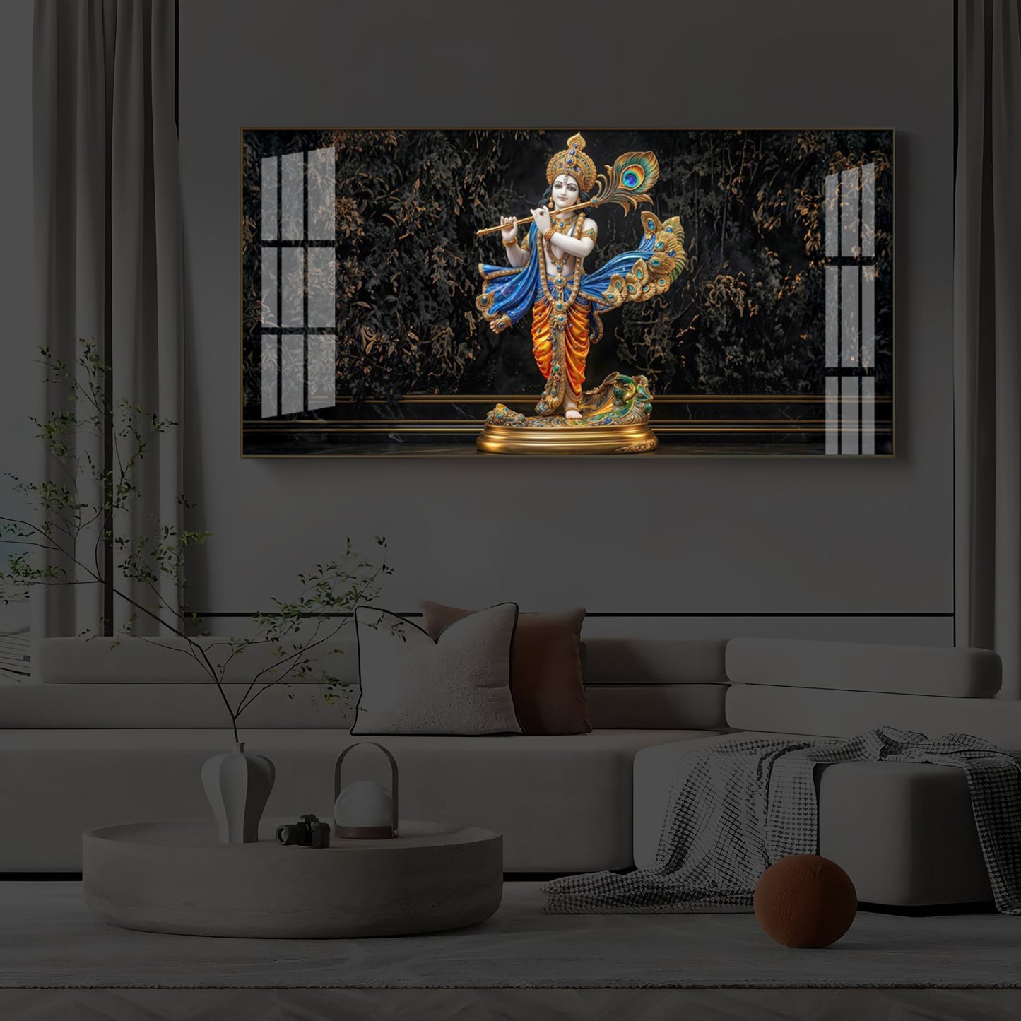 Lord Krishna With Flute Modern Luxury Backlight Horizontal Wall Art