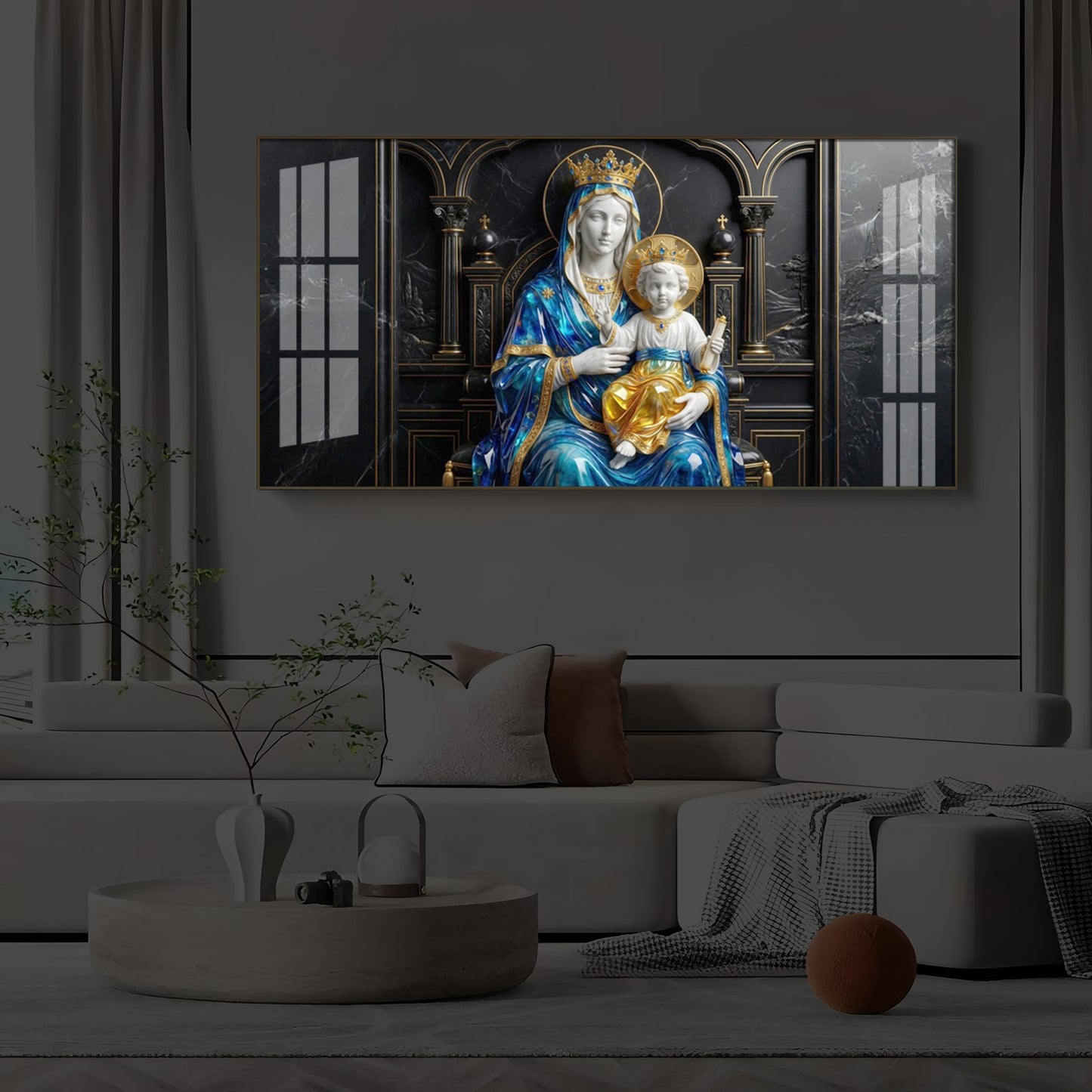 Mother Mary Holding Baby Jesus Modern Luxury Backlight Horizontal Wall Art