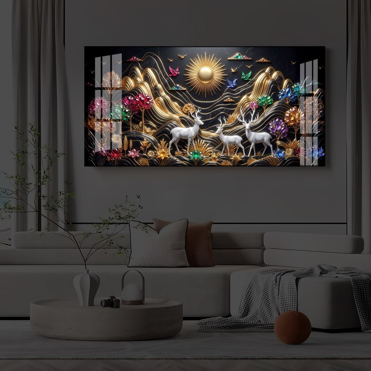 White Deer With Sun Modern Luxury Backlight Horizontal Wall Art