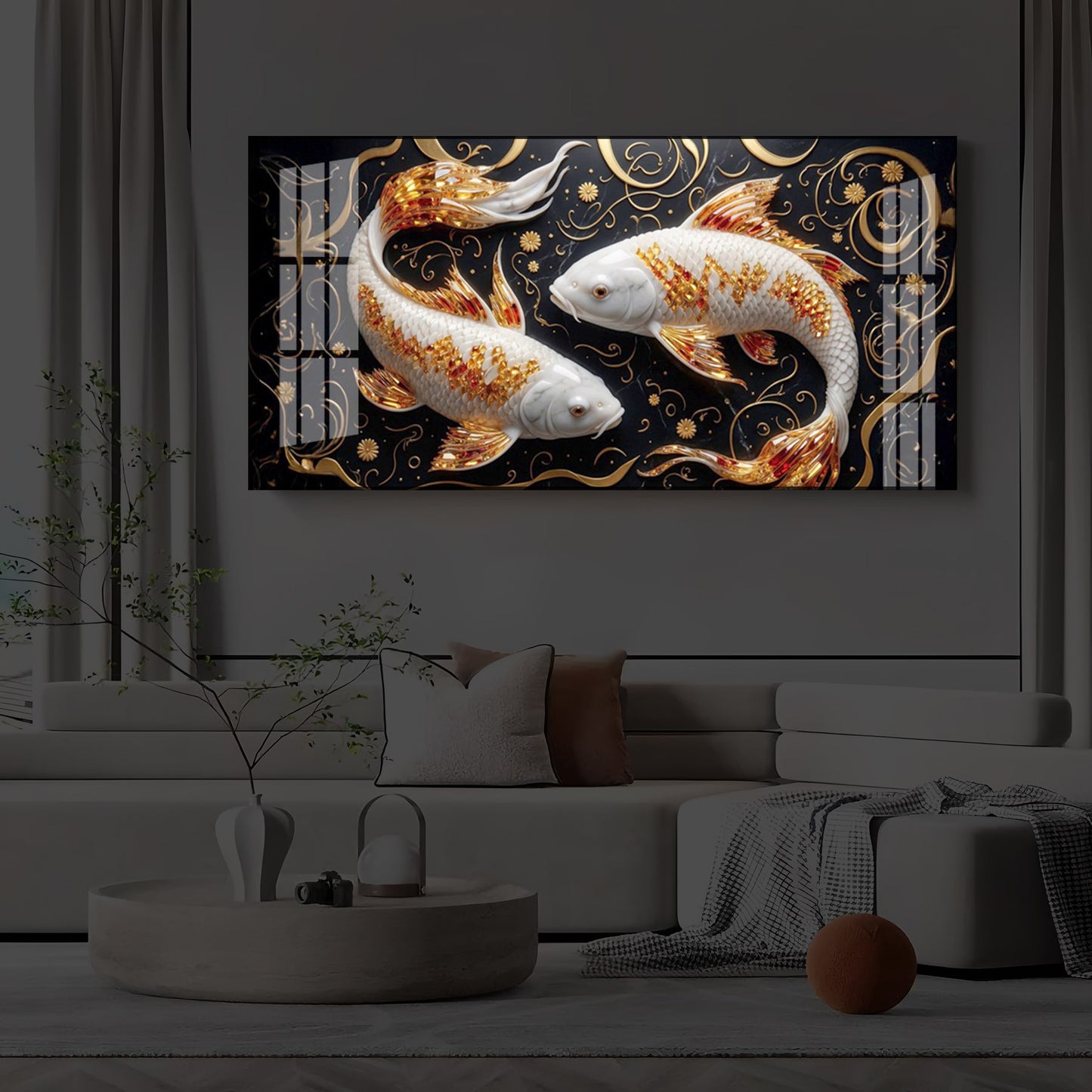 Two Golden Koi Fish Modern Luxury Backlight Horizontal Wall Art