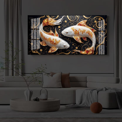Two Golden Koi Fish Modern Luxury Backlight Horizontal Wall Art