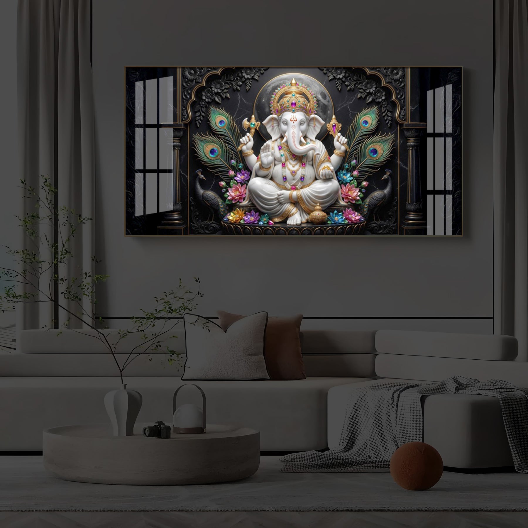 Lord Ganesha With Peacock Feather Modern Luxury Backlight Horizontal Wall Art