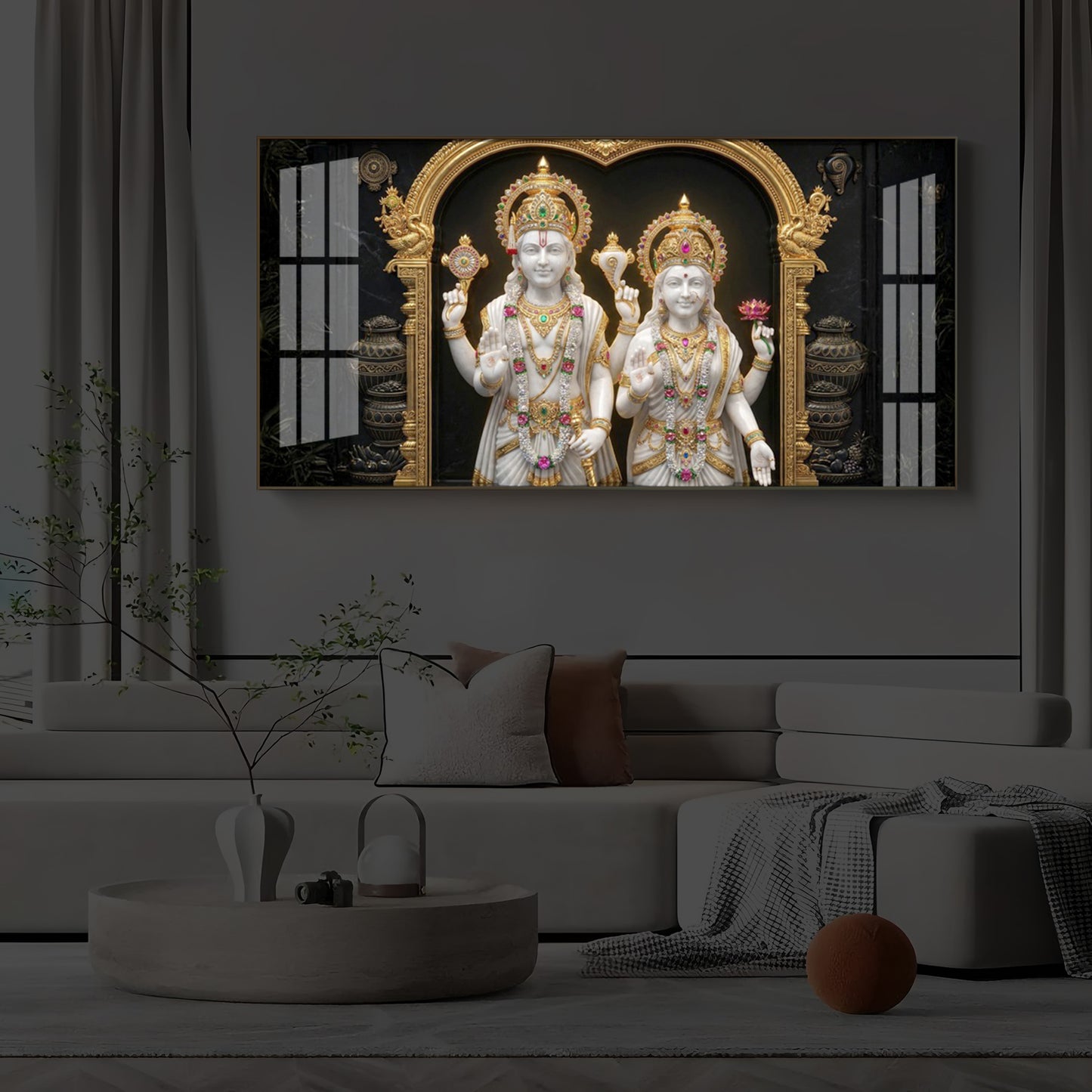 Lord Vishnu & Goddess Lakshmi Modern Luxury Backlight Horizontal Wall Art