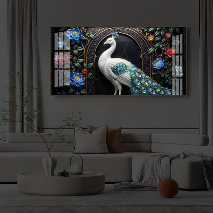 Majestic Peacock With Flower Modern Luxury Backlight Horizontal Wall Art