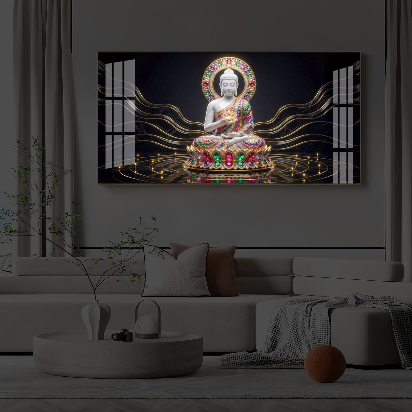 White Buddha Statue Modern Luxury Backlight Horizontal Wall Art