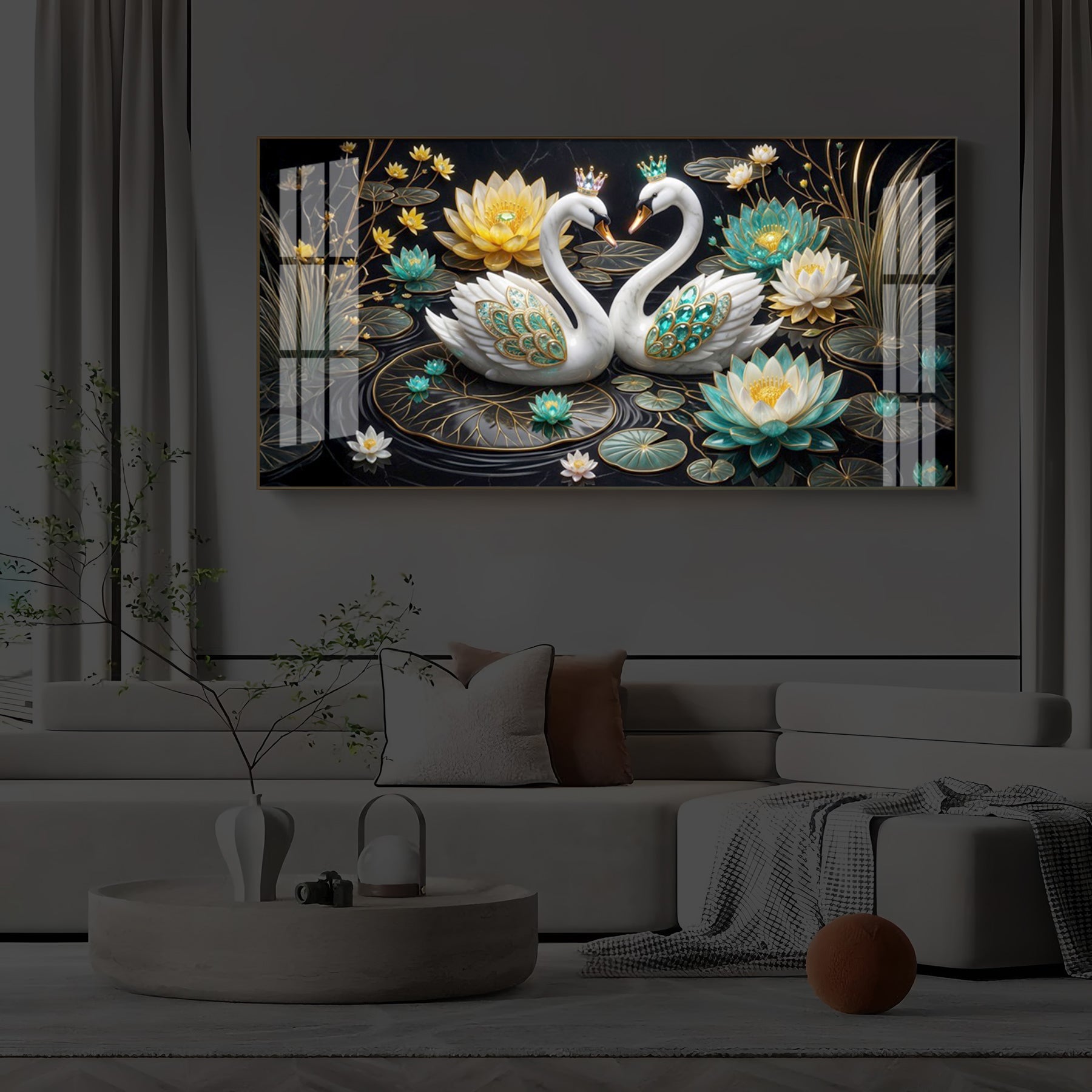 Pair Of White Swans Modern Luxury Backlight Horizontal Wall Art