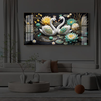 Pair Of White Swans Modern Luxury Backlight Horizontal Wall Art