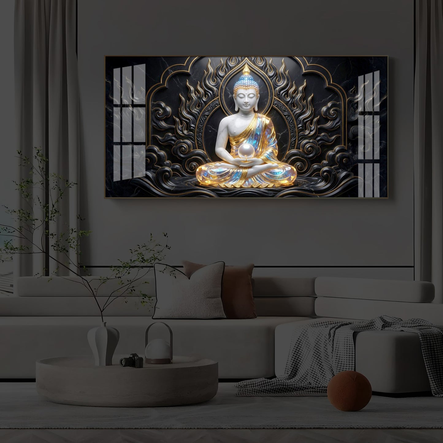 Meditating Buddha Modern Luxury Backlight Horizontal Wall Art