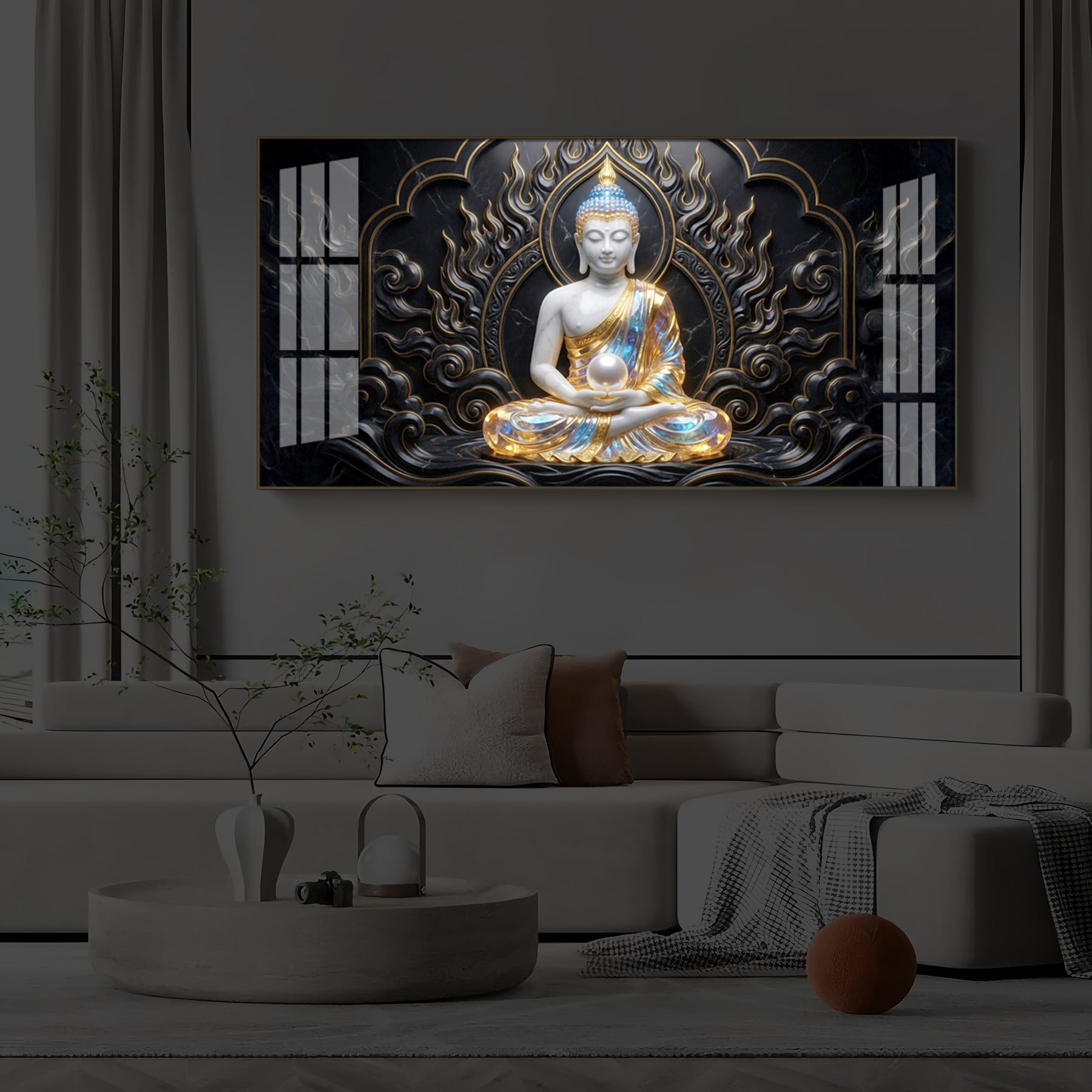 Meditating Buddha Ji Modern Luxury Backlight Horizontal Wall Art