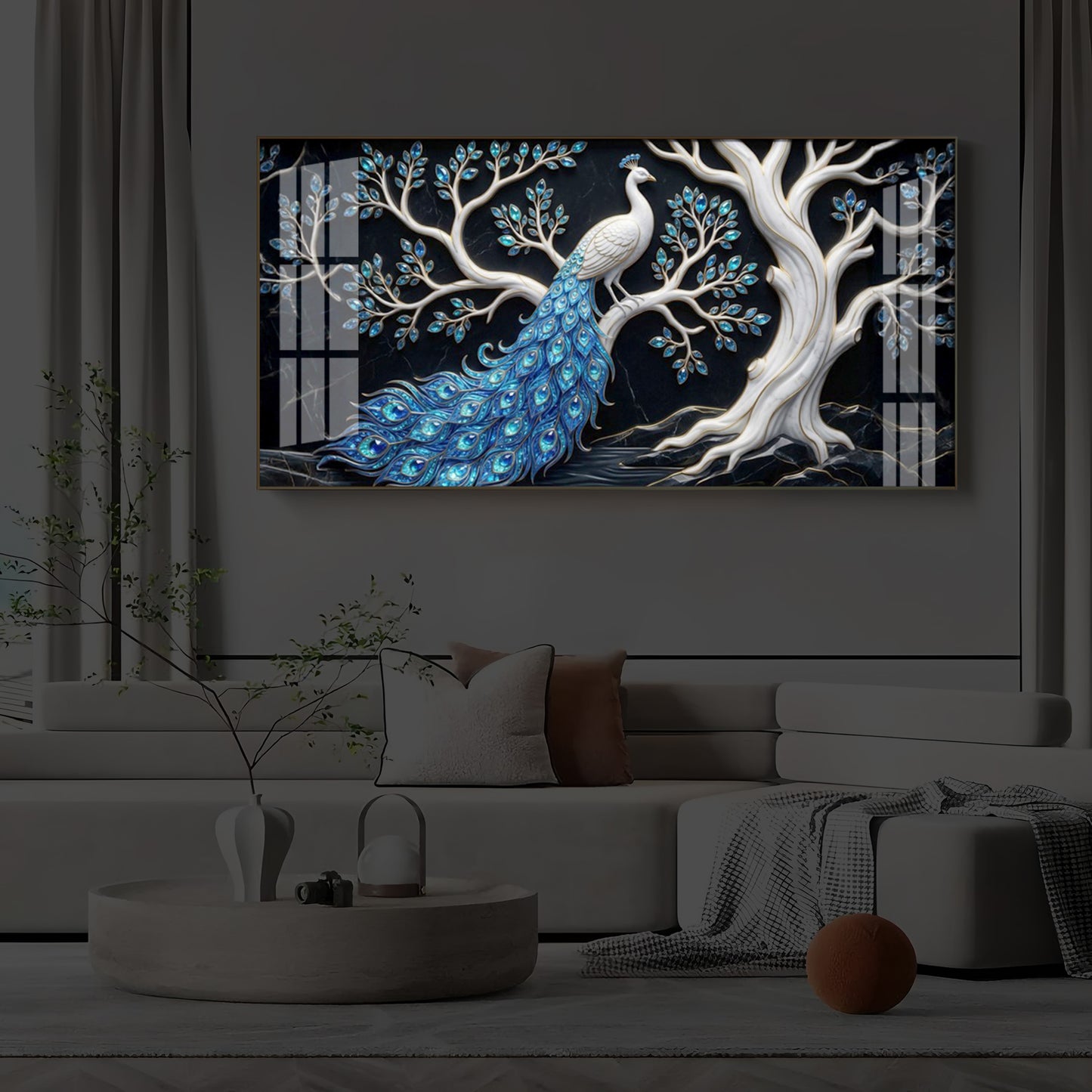 Peacock With Blue Feather Modern Luxury Backlight Horizontal Wall Art