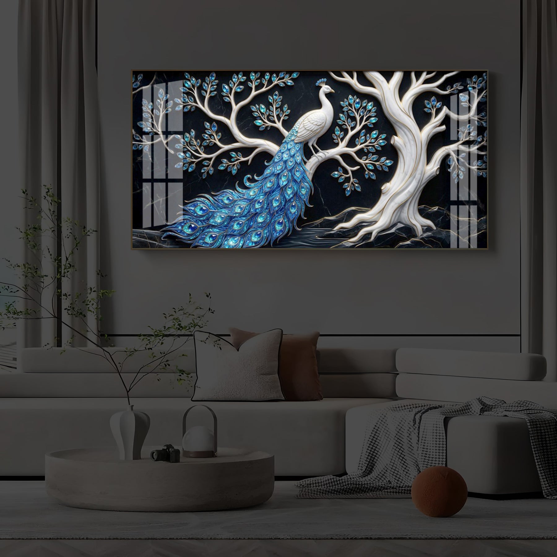 Peacock With Blue Feather Modern Luxury Backlight Horizontal Wall Art